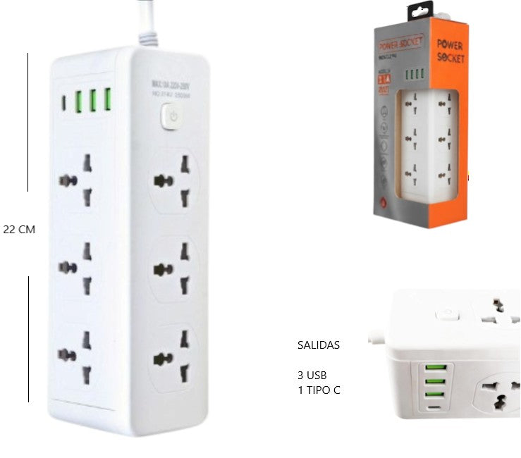 Alargue 6 enchufes+3usb+tipo c