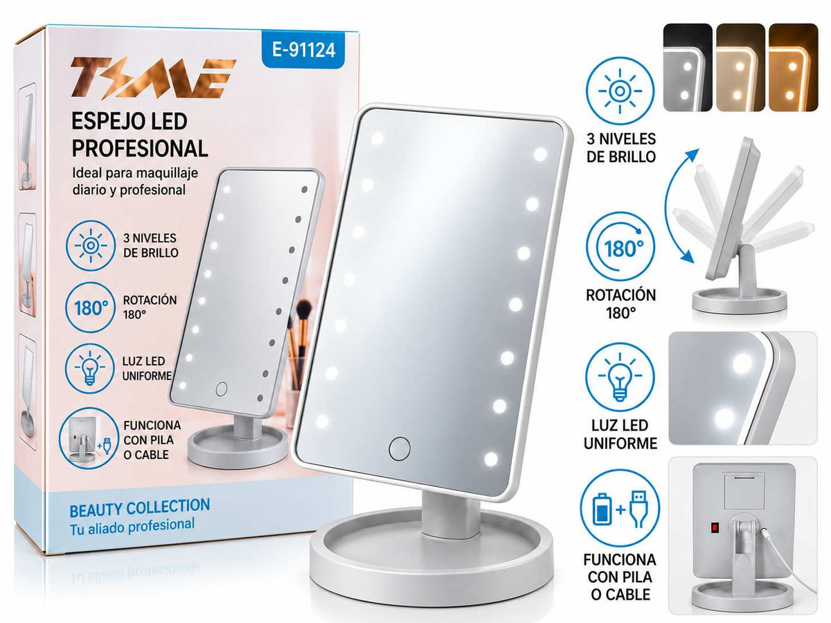Espejo con luz LED a pila y USB