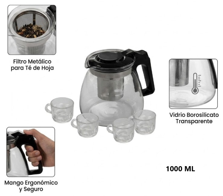 Tetera 1000ML con 4 tazas de vidrio