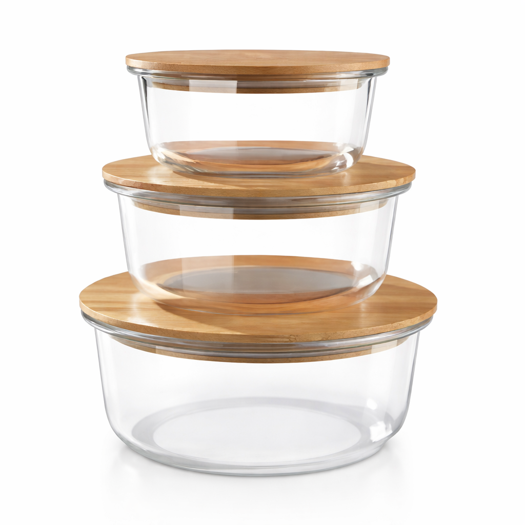 Set x3pcs táper de vidrio tapa de bambú