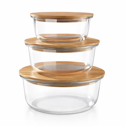 Set x3pcs táper de vidrio tapa de bambú
