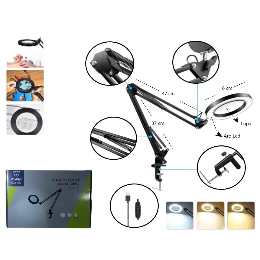 Velador LED Time articulado con lupa