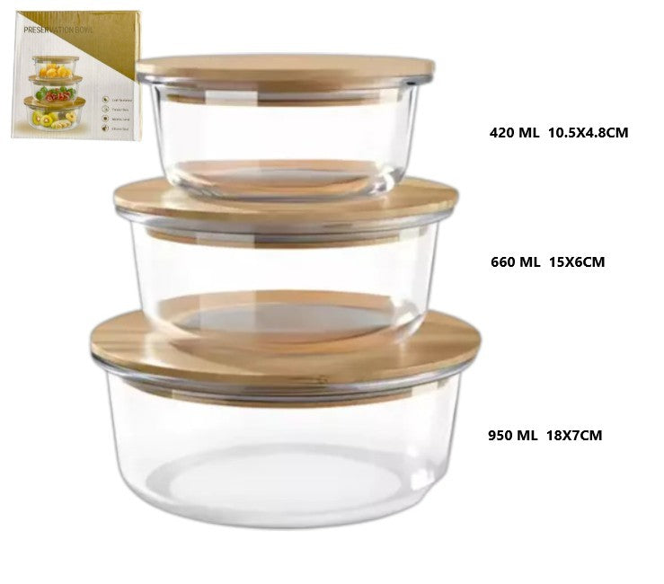 Set x3pcs táper de vidrio tapa de bambú