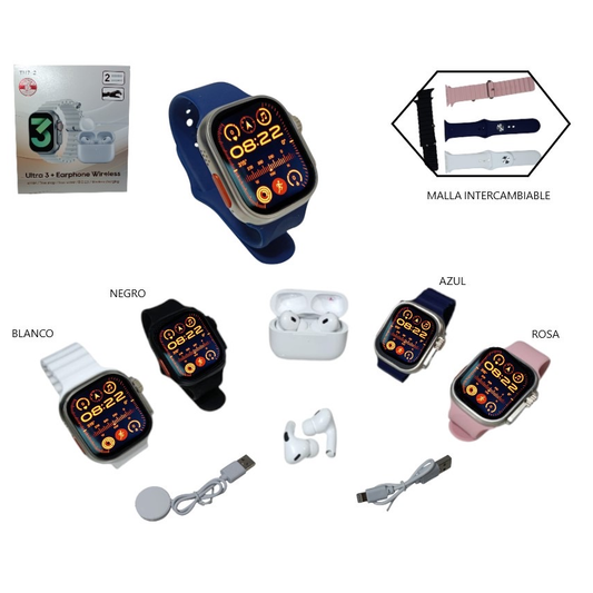 Set auricular con reloj smart y 2 mallas intercambiables