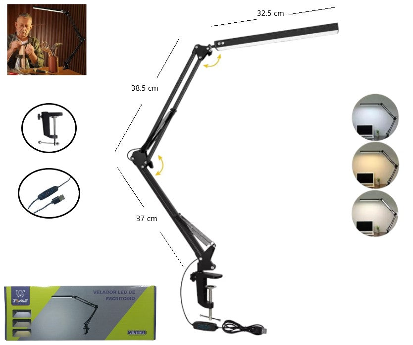Velador led articulada c/morsa sin base